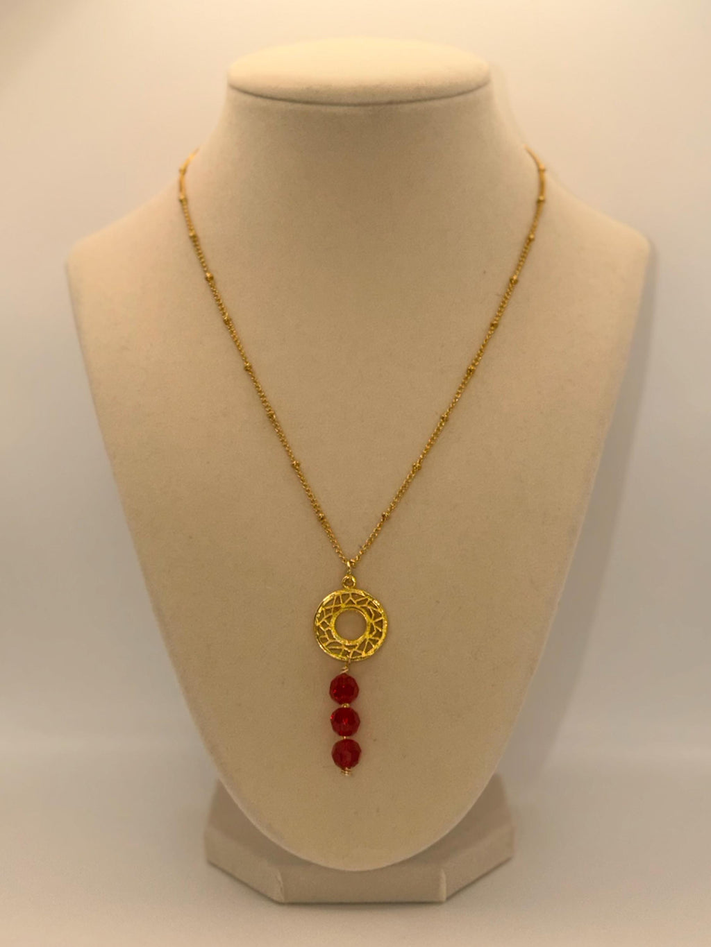 Chic Red Crystals Chain Necklace with matte gold charm - 17 inches long