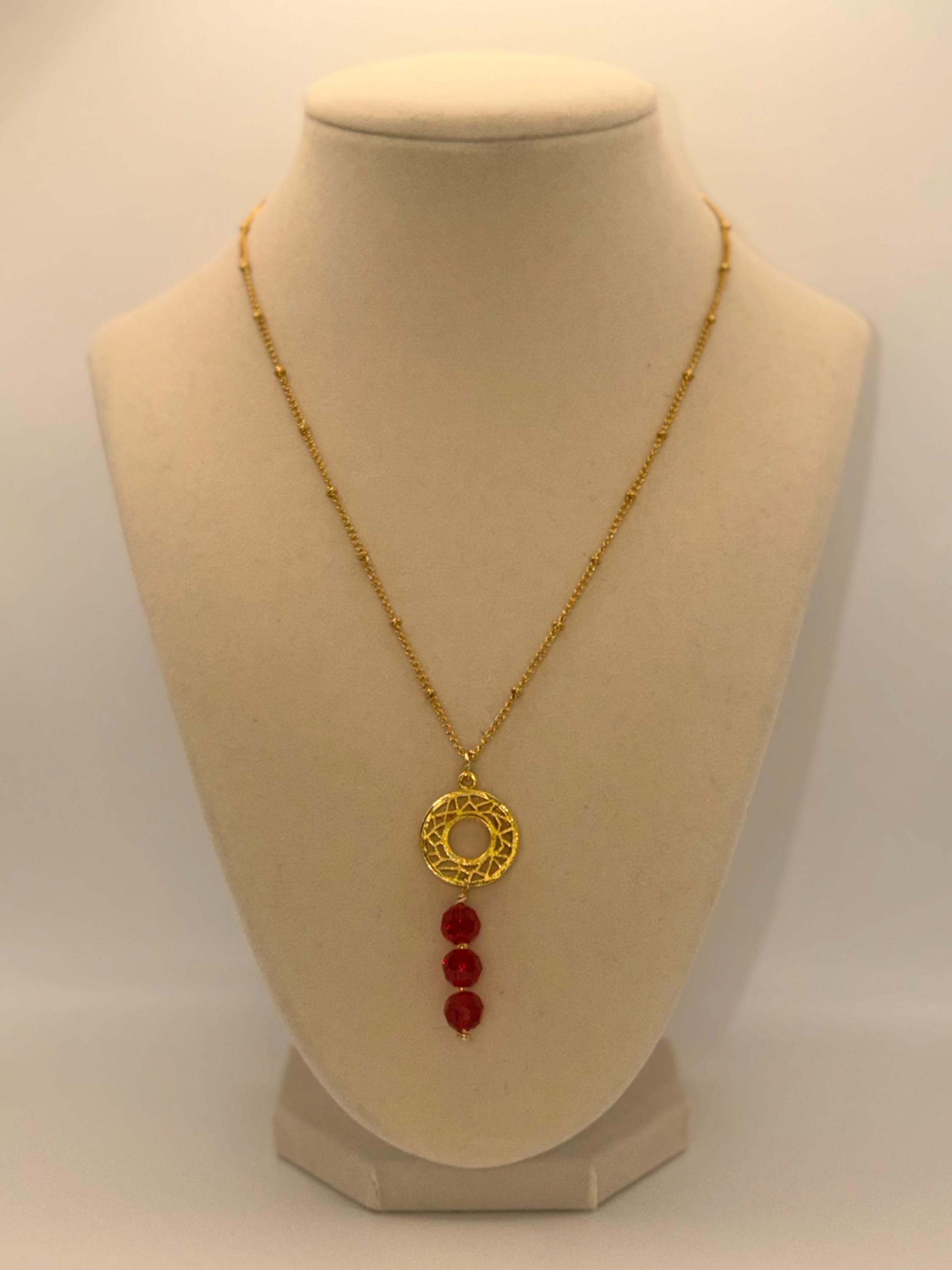 Chic Red Crystals Chain Necklace with matte gold charm - 17 inches long