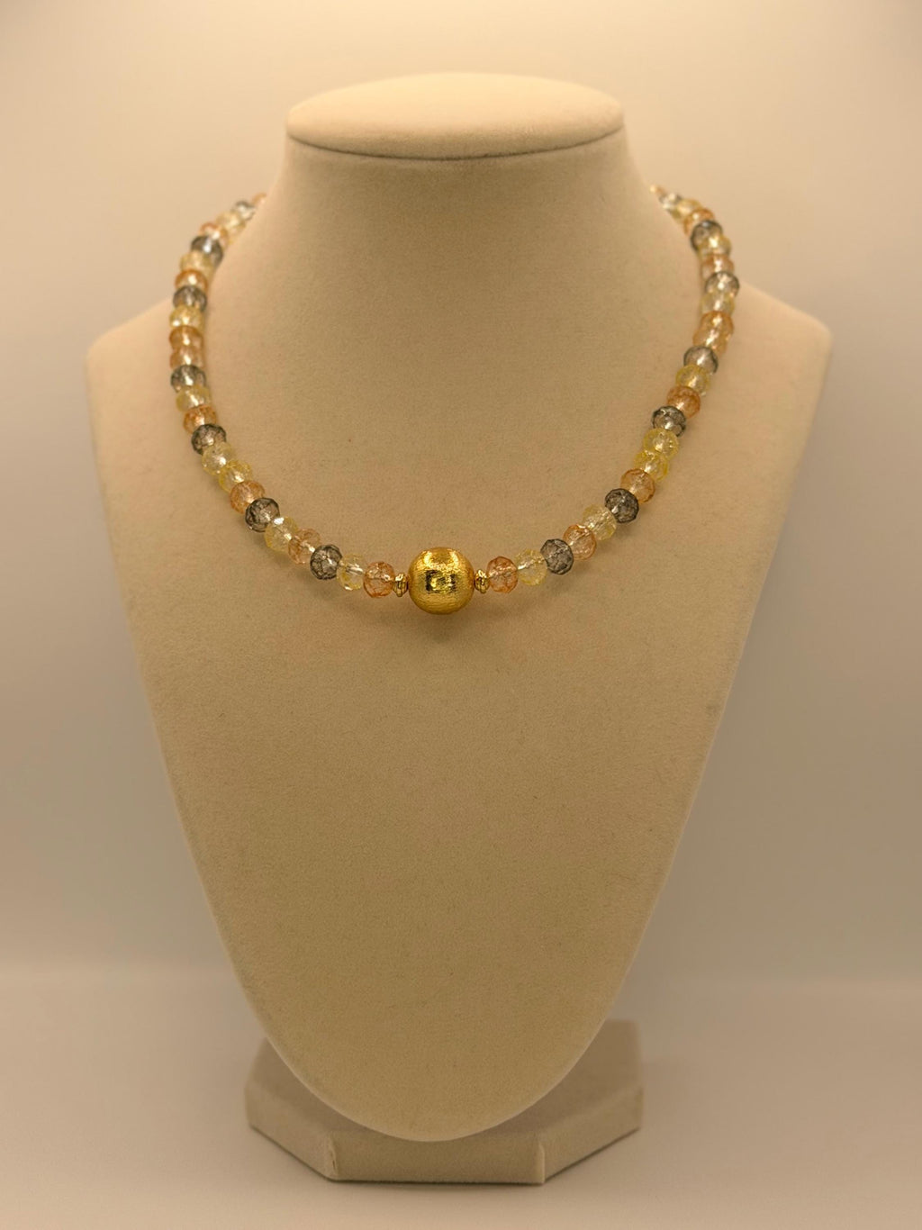 Handmade Crystal Bead Necklace, Gold Centerpiece, Sunset Colors
