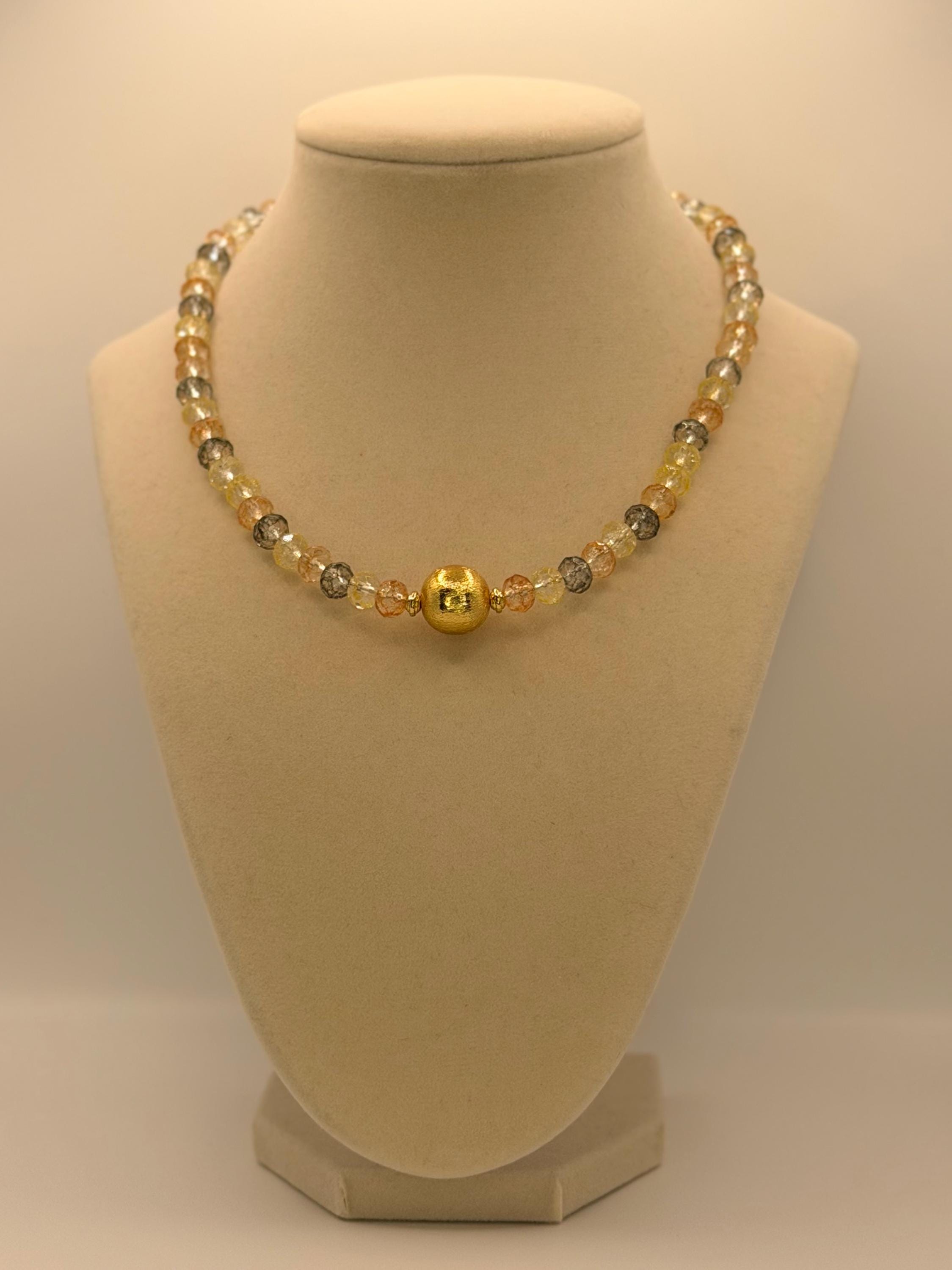 Handmade Crystal Bead Necklace, Gold Centerpiece, Sunset Colors