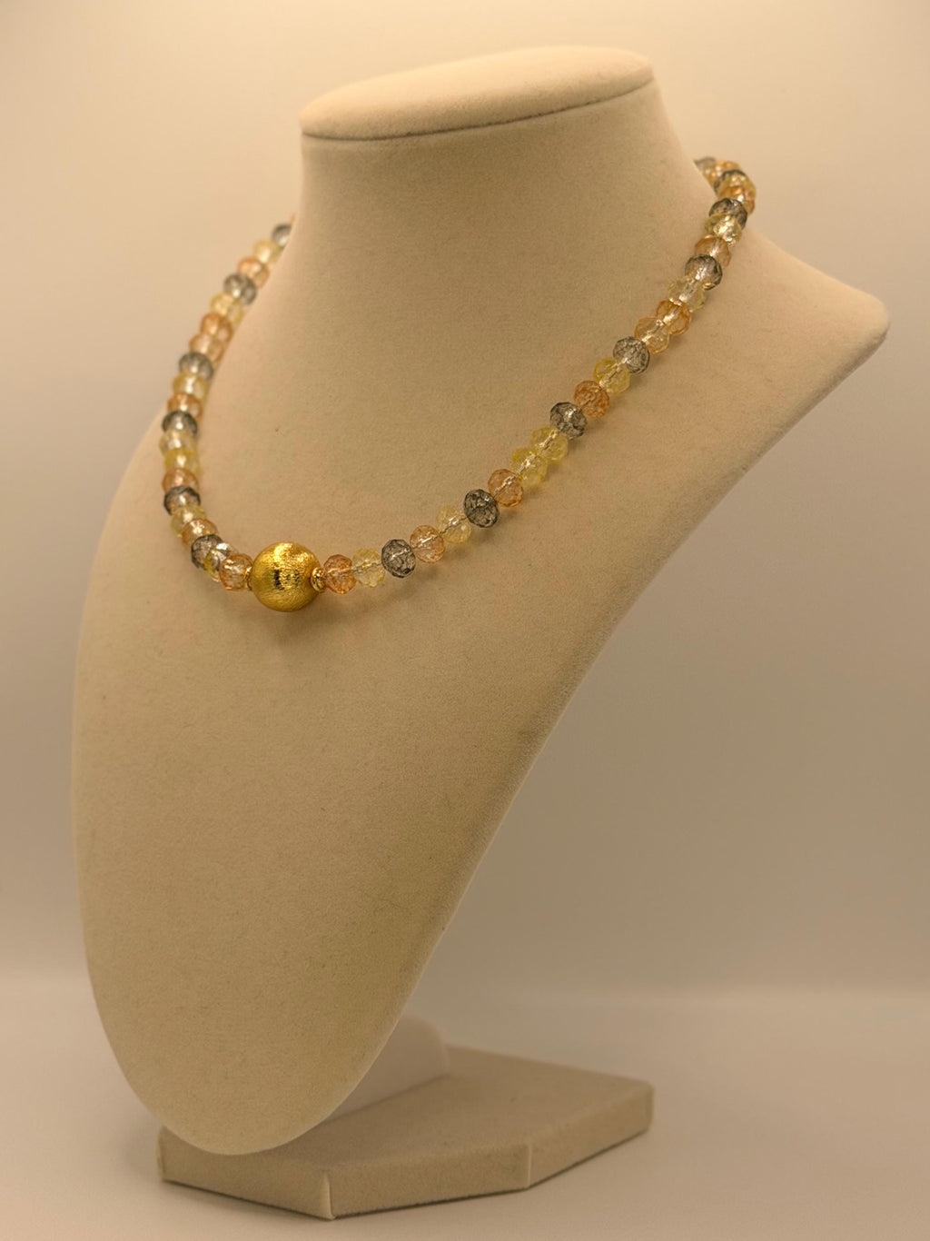 Handmade Crystal Bead Necklace, Gold Centerpiece, Sunset Colors