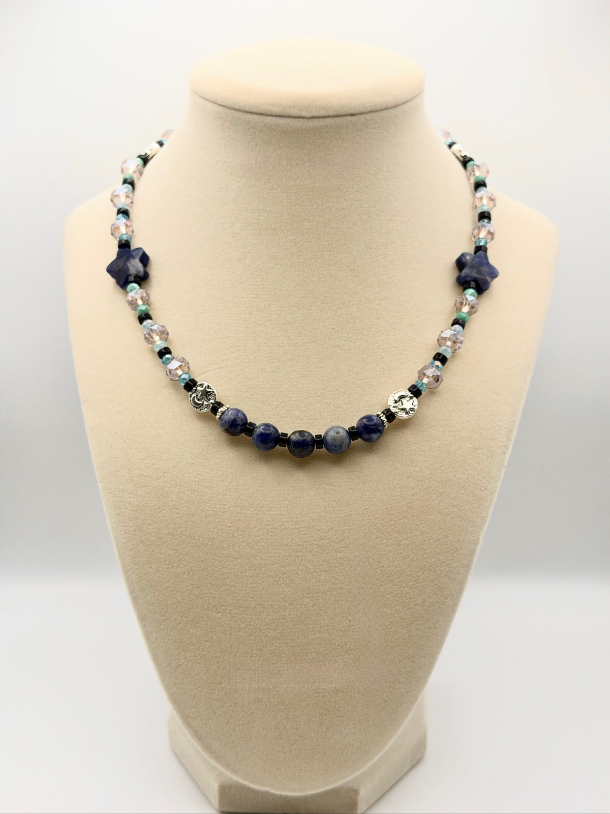 Sodalite Stars & Moon Beaded Necklace with Pale Violet Crystals